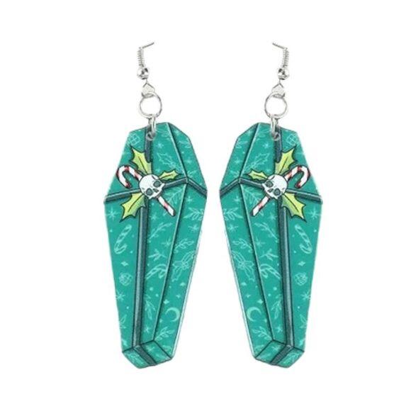 New Christmas Holiday Goth Green Coffin Drop Earrings Candy Cane Skull Gift - Picture 1 of 1